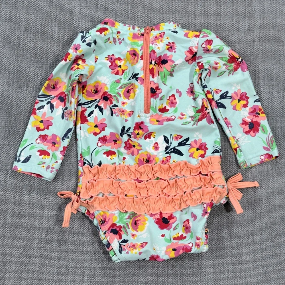 RuffleButts Baby Girls Floral Long Sleeve Rash Guard‎ Swimsuit Mint 12-18M